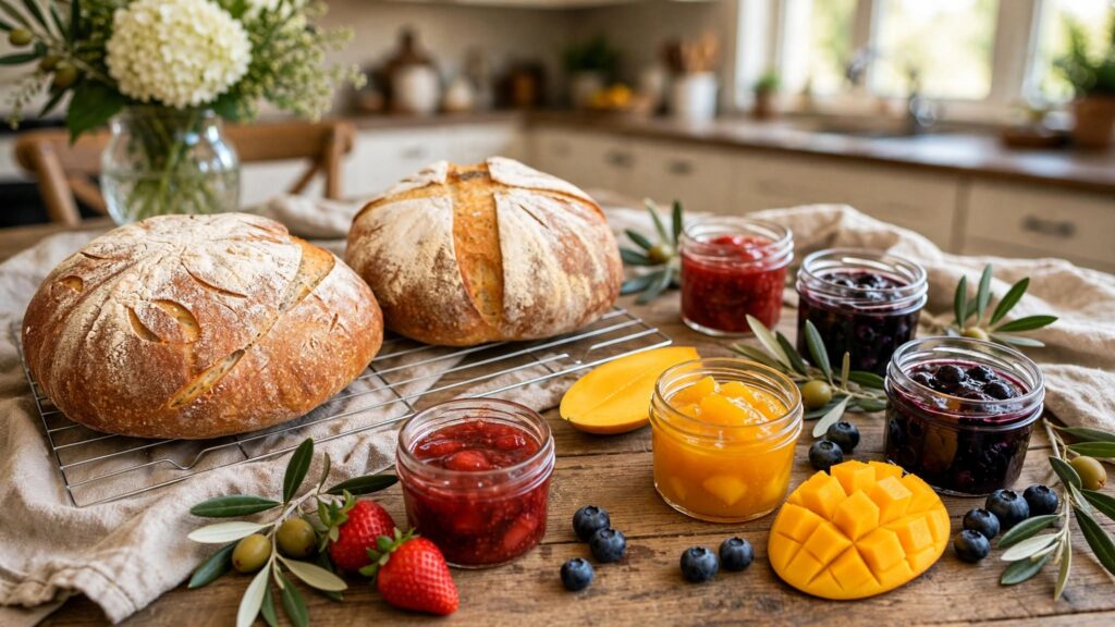 Two rustic artisan sourdough loaves on a cooling rack with small-batch strawberry, blueberry, and mango preserves in open glass jars, fresh berries and sliced mango on a wooden farmhouse table